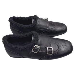 头层牛皮软底加绒小皮鞋女棉鞋2025冬新款复古皮带扣雕花布洛克鞋