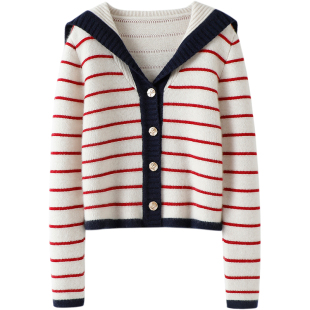 气质狂加分~2023新品海军领条纹V领短款纯山羊绒针织开衫外套女厚