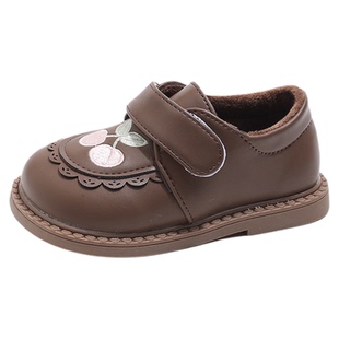 女童樱桃绣花棉鞋2025秋冬加绒保暖小皮鞋软底防滑魔术贴公主鞋子