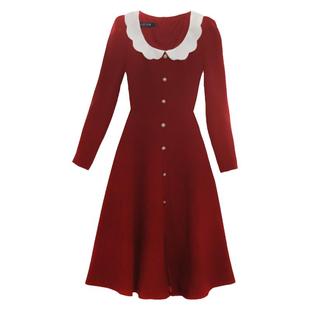 JUJU定制秋季女装法式茶歇收腰显瘦娃娃领红色衬衫长袖连衣裙女