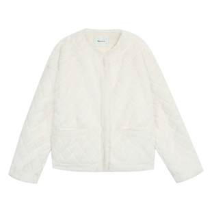 Maven Lin 英伦矜贵感 白色菱形格环保仿皮草女气质毛绒绒短外套