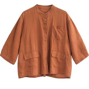 绿素棉 夏季新款亚麻短款外套~宽松大码减龄薄款中袖防晒衫衬衫女