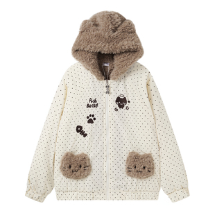 文文不乖美式复古猫咪波点加厚连帽棉服冬季新款宽松百搭宅萌棉衣