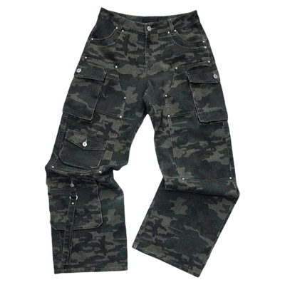 1JINN STUDIO美式复古迷彩水洗工装阔腿裤女多口袋设计百搭休闲裤