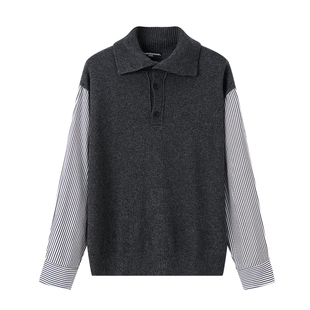 白口阳【学长手册】学院派宽松上衣男条纹拼接假两件针织毛衣外套