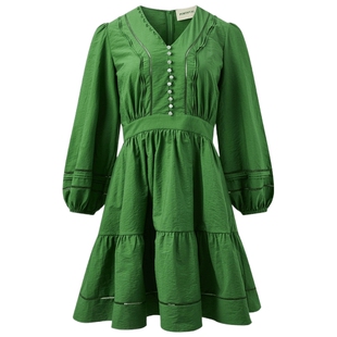 宝姿PORTSPURE女装舒适自然经典森女褶皱镂空收腰连衣裙