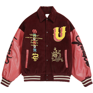 GUUKA潮牌本命年衣服红色棒球服男新款 仿羊绒棉衣PU皮衣外套宽松