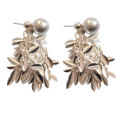 法式小众银灰色珍珠流苏叶子耳环