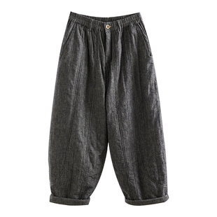 复古绗缝棉裤 怀旧水洗棉质阔腿裤女九分气球裤 秋冬宽松奶奶裤子