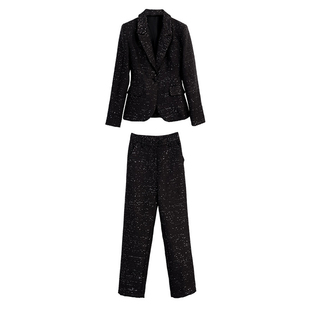 秦岚同款黑色亮片小香风修身西装外套+西裤长裤时尚高级感套装女
