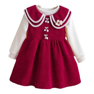 女童连衣裙冬季加绒背心两件套洋气小女孩红色拜年服宝宝公主裙子