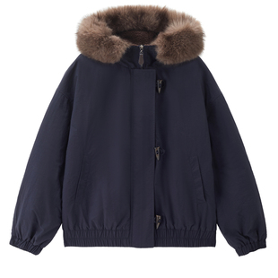 设计师款佐丹奴可卸毛领派克服女宽松牛角扣连帽棉衣外套18375725