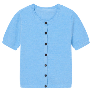 COVERINS蓝色针织短袖开衫女短款2026春季新款CC36106110