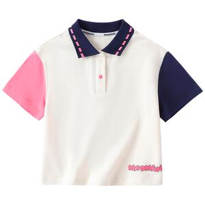 MQDmini2025新款儿童短袖t恤夏装女童夏季款翻领polo米白上衣童装