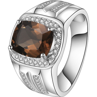 925纯银镀金天然茶晶戒指男饰品冷淡风格网红食指茶水晶指环开口
