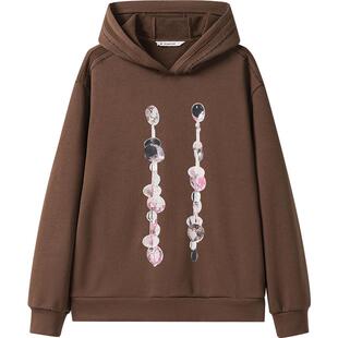 播秋冬棕色短款卫衣美式复古圆领上衣休闲宽松印花外套BDR4VD3992