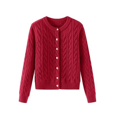 班尼路红色针织开衫外套女2025秋冬新款加厚保暖小个子绞花毛衫Q