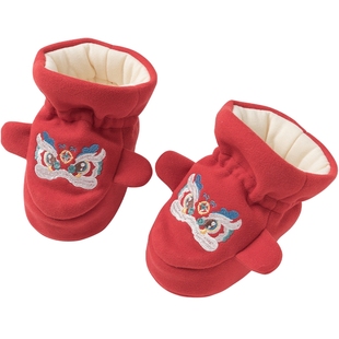 新生儿宝宝护脚套冬季装保暖神器婴儿夹棉加厚软底鞋袜红色过新年