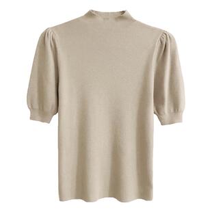 大码胖mm半高领T恤女2025新款气质泡泡袖针织衫短袖打底薄款上衣