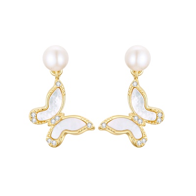 EAUFLORA白贝蝴蝶珍珠耳钉轻奢高级感纯银针金色耳饰女生日礼物