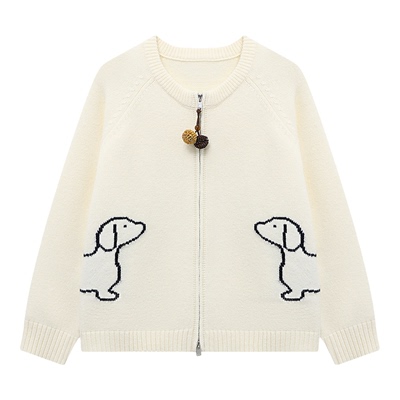 Basic House/百家好卡通小狗开衫毛衣女春2026新款双拉链宽松上衣