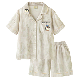 睡衣女款2026新款夏季冰丝短袖短裤情侣套装可爱企鹅男女士家居服