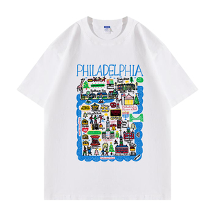 美国USA文化元素费城地标城市Philadelphia图案周边旅游短袖T恤衫