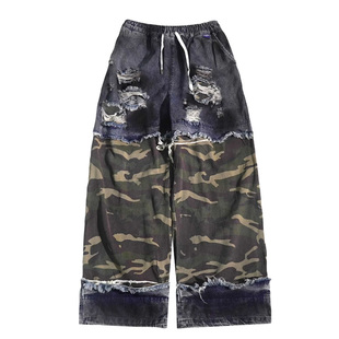 UUCSCC嘻哈复古做旧迷彩牛仔裤高街宽松破洞vintage阔腿拖地长裤