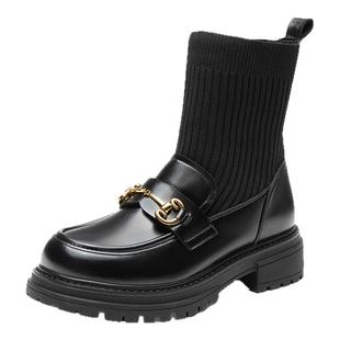 大东乐福袜靴女2025新款秋季黑色厚底加绒英伦风短靴瘦瘦靴小皮鞋