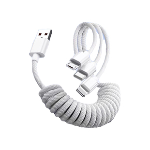 【低温闪充】车载三合一弹簧数据线100W超级快充适用于苹果华为伸缩三头安卓typec手机一拖三充电线多头加长