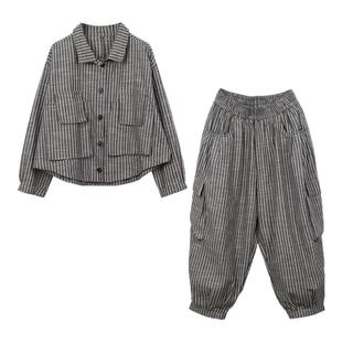 竖条短款外套灯笼裤九分裤女士套装2026年春季新品复古棉麻两件套