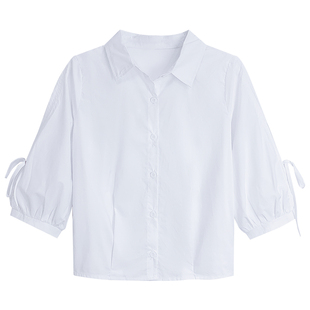 小个子女生白衬衫女七分袖夏装新款心机设计感韩版宽松纯棉衬衣