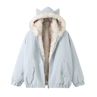 300斤特大码女装学院风蓝色加厚连帽棉服女胖mm宽松保暖毛绒外套