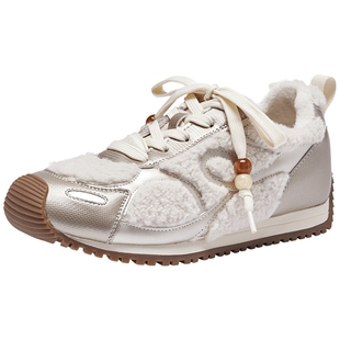 热风运动休闲鞋女款2025年冬季新款百搭毛毛鞋加绒棉鞋轻便女鞋子