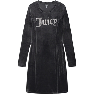 Juicy Couture橘滋连衣裙女26春夏新款黑色弹力丝绒烫钻中长裙