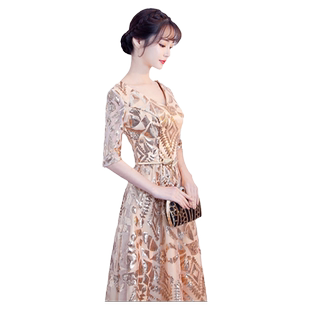 金色晚礼服女高级感气质宴会高端婚宴敬酒服年会主持人连衣裙长款