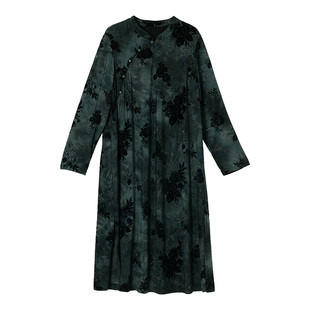 美丽客栈2025新款大码女装植绒提花修身小A字裙新中式国风连衣裙