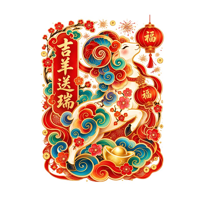 吉羊送瑞玻璃贴国潮年画梅花灯笼新年大门防水自粘透明装饰贴纸画
