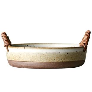 九土日式碗盘复古粗陶菜盘盘子创意家用鱼盘陶瓷餐具水果盘圆深盘