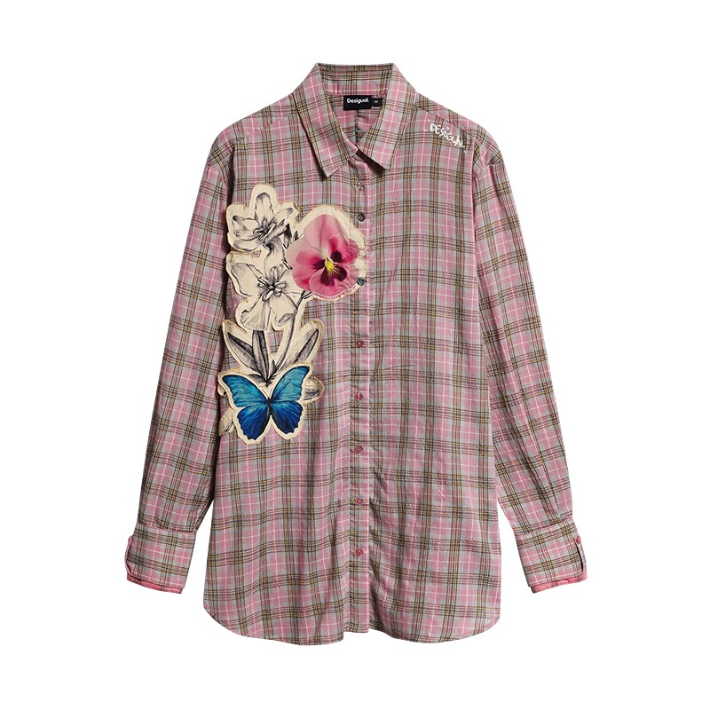 Desigual26秋冬新品宽松粉色格纹花卉印花贴布长袖女式衬衫