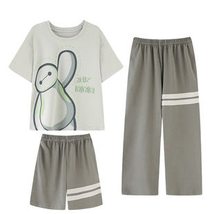 男童睡衣夏季纯棉短袖长裤三件套儿童男孩中大童青少年卡通家居服