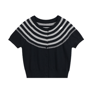 pusumede 条纹新章 撞色圆领短袖针织开衫女气质设计感小众上衣