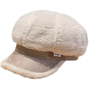 韩版秋冬新款帽子女仿羊羔绒显脸小时尚皮标八角帽冬暖防寒鸭舌帽