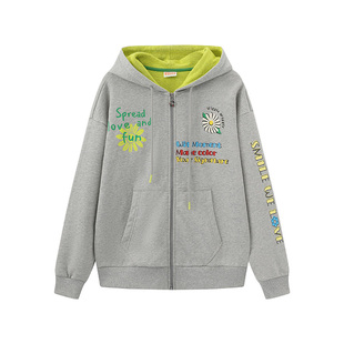 wigglewiggle26年春秋款笑脸花宽松百搭连帽拉链卫衣男女同款