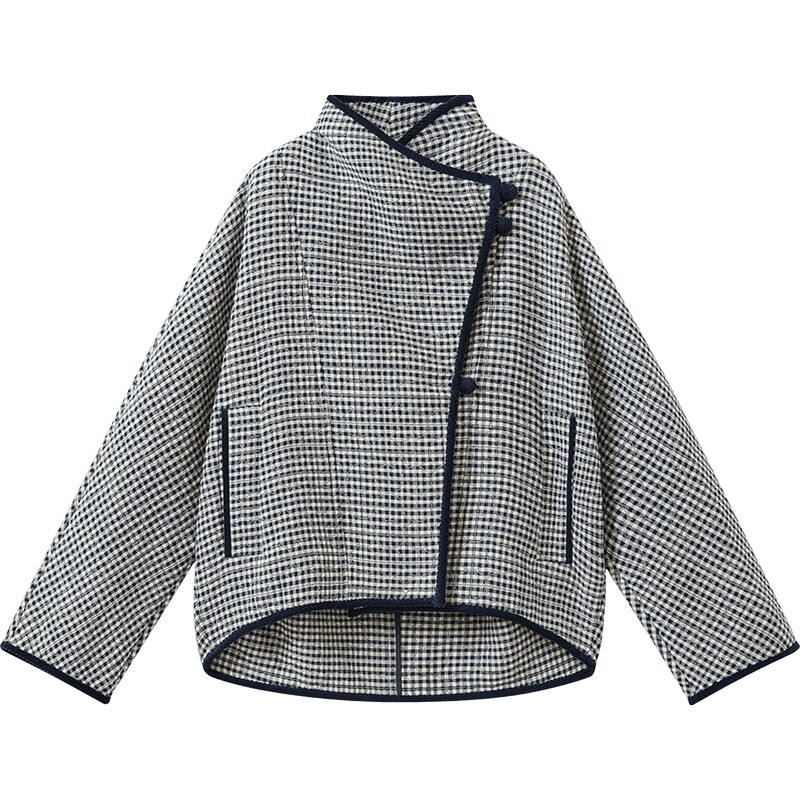 播冬季复古格纹短款保暖宽松棉服女BDS4PD3846