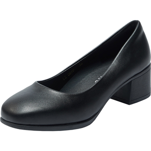 方头粗跟4.5黑色工作鞋中跟女单皮鞋浅口软底公务员面试女鞋静音