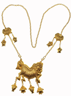 99足银錾刻手工镀金宝宝麒麟锁长命百岁锁古风汉服明制软璎珞项链