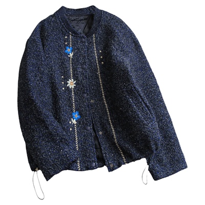 刺绣小花棒球领宽松夹棉呢子外套