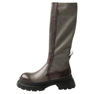 伦敦秀场高定款 胎牛皮拼弹力布厚底女马丁长靴百搭高筒靴KAKA特