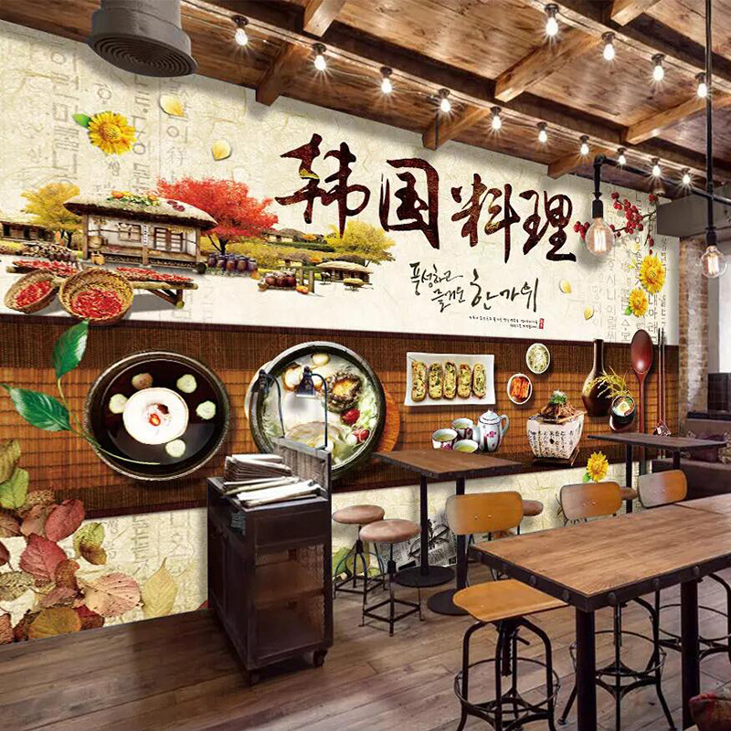 个性时尚餐馆墙纸韩式q饭店餐厅壁纸背景墙装饰壁画料理店烤肉墙图片